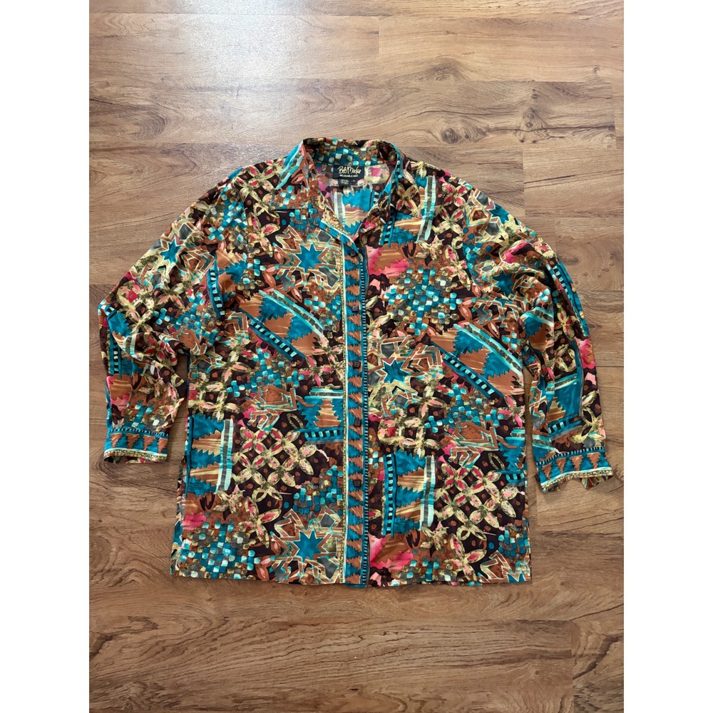 Bob Mackie Wearable Art 100% Silk Abstract Western Button Up Shirt Men XL